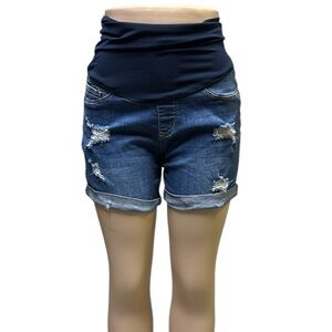 Song Maternity Denim Distressed Cuffed Blue Jean Full Belly Band Shorts Medium
